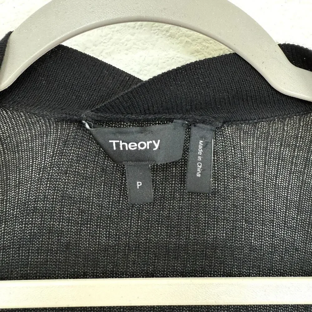 Theory Silk Blend Open Front Drape Cardigan Black Long Sleeve Asymmetrical Hem P